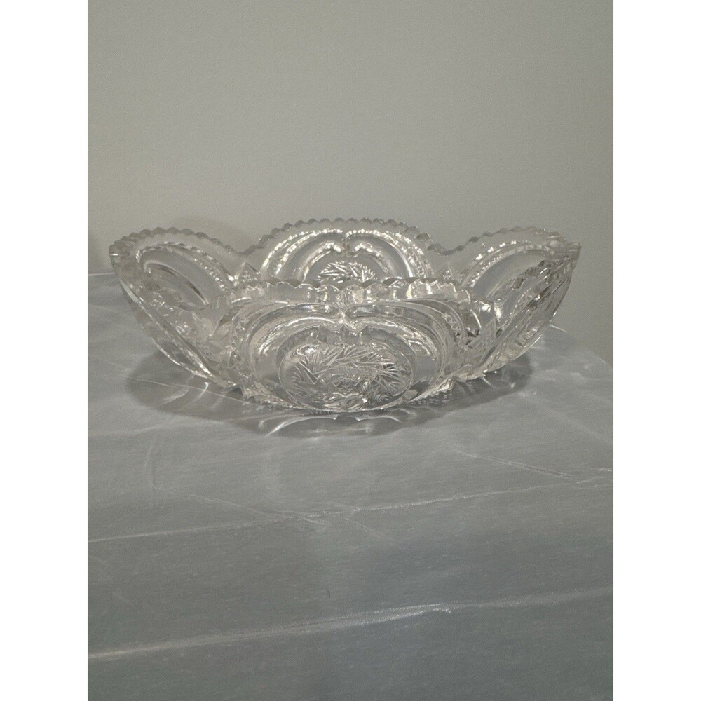 Antique Cut Crystal Bowl w Scalloped Rim | Heavy Clear Glass Starburst Pattern